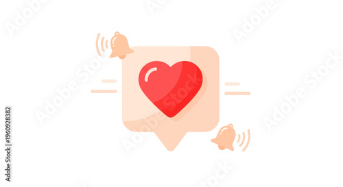 Red Heart Icon Notification with Bells on White Background - Social Media Like Symbol