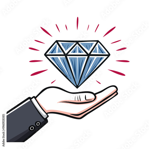 Businessman holding a shining precious diamond with radiating light in a cartoon style
