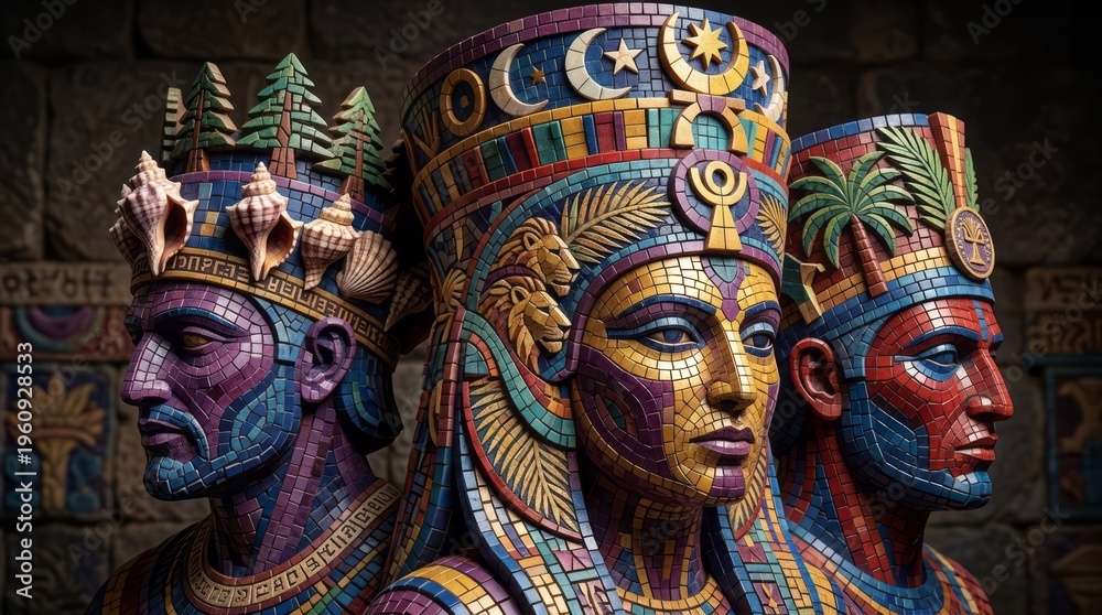 Fototapeta premium Colorful Mosaic Statues of Ancient Egyptian Figures Mosaic Egyptian Art Sculpture Colorful Ancient History Royalty Statues. Concept featuring mosaic, egyptian art, sculpture, colorful, ancient hist...