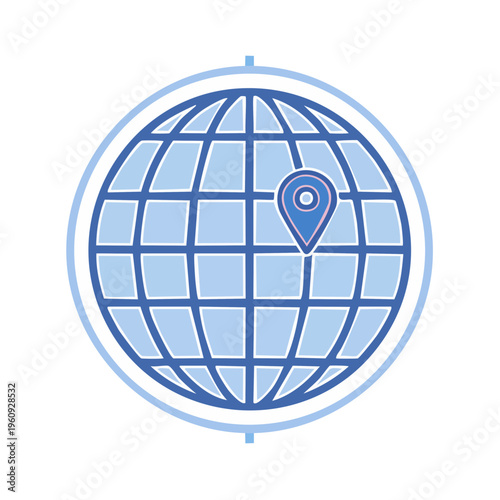 Blue globe with a location pin on a white background representing global positioning and travel