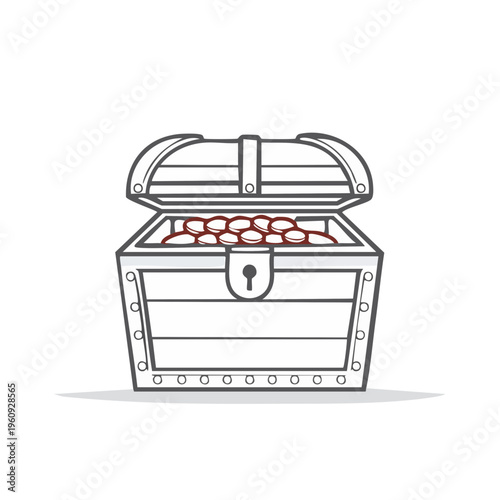 Open Treasure Chest Filled With Gold Coins In Minimalist Outline Style