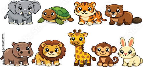 Cute vector animal icon set featuring cats, dogs, lions, bears, elephants and other animals in a simple black silhouette style collection