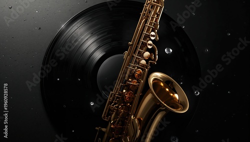 Golden saxophone details against a vinyl record on black surface