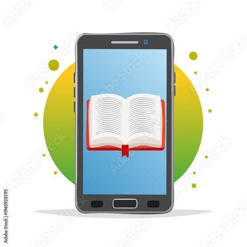 Mobile phone displaying an open book and e-reader icon with a gradient circle and confetti
