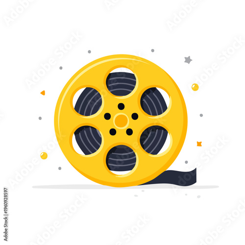 Vibrant yellow film reel with dark cinematic tape and scattered celebratory confetti