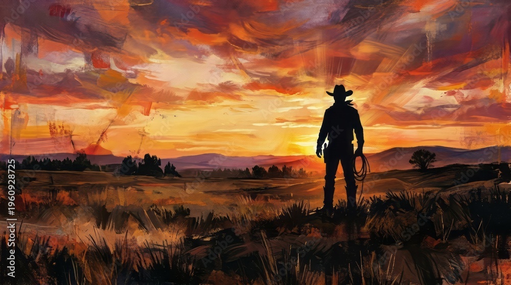 Fototapeta premium Cowboy Silhouette at Sunset Cowboy Silhouette Sunset Landscape Western Ranch Nature. Concept featuring cowboy, silhouette, sunset, landscape, western for professional commercial design.