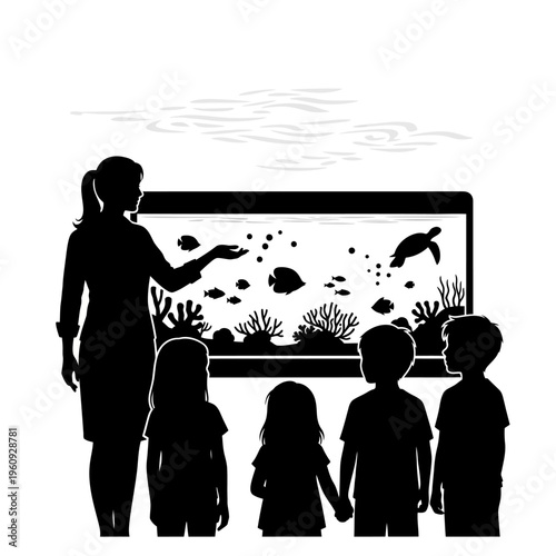 Woman showing children an aquarium tank.