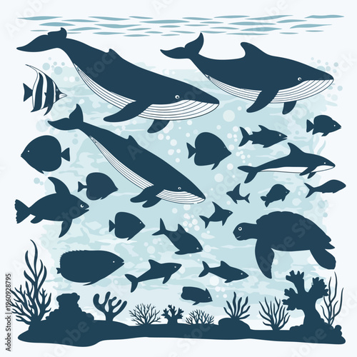 Whales and Fish Underwater Scene.
