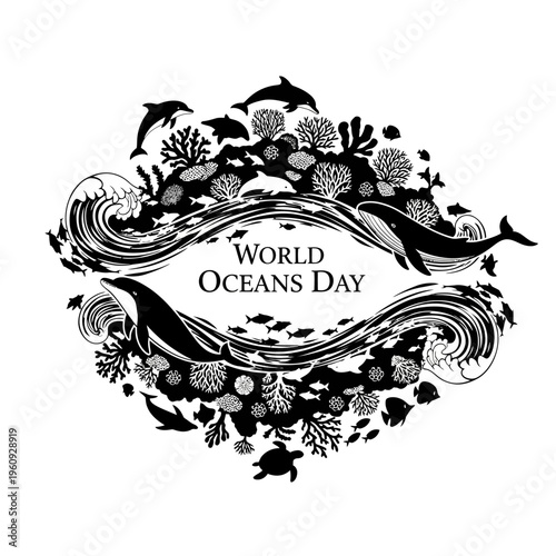 World Oceans Day Marine Life Illustration.