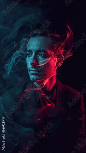 Man with colorful smoke portrait against a dark backdrop