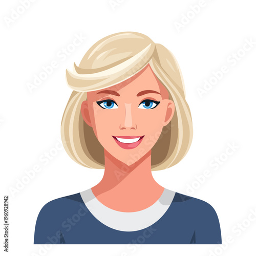 Smiling blonde woman with blue eyes and bob haircut wearing a blue top