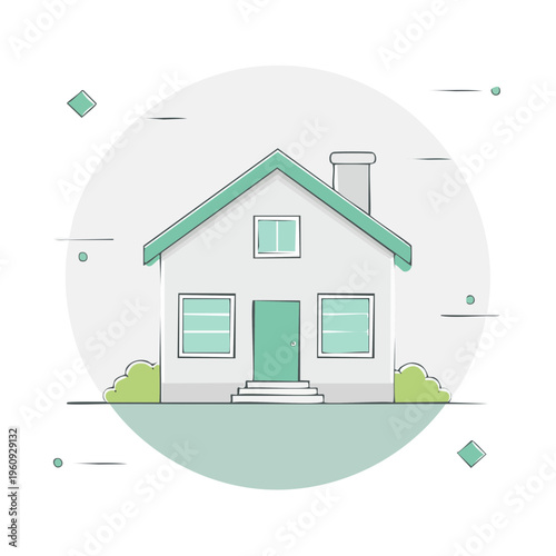 Charming detached house illustration with pastel green accents and simple architectural elements