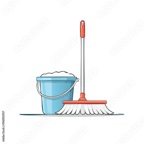 Cartoon mop and bucket with foamy water for cleaning and chores
