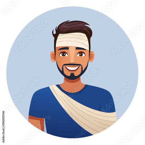 Man with head injury bandaged and arm in sling smiling confidently