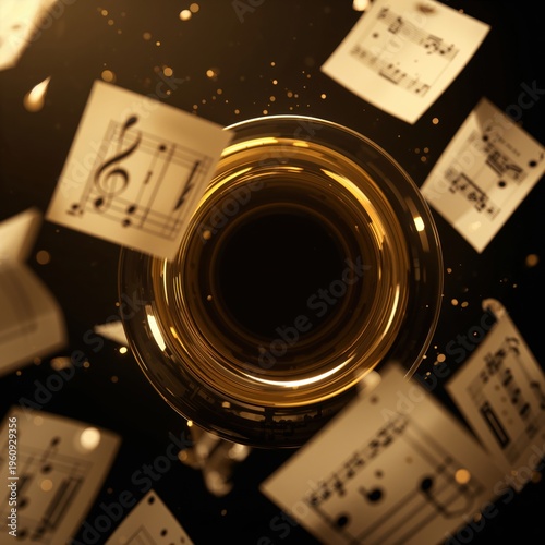 Ornate brass instrument with musical notes floating around it