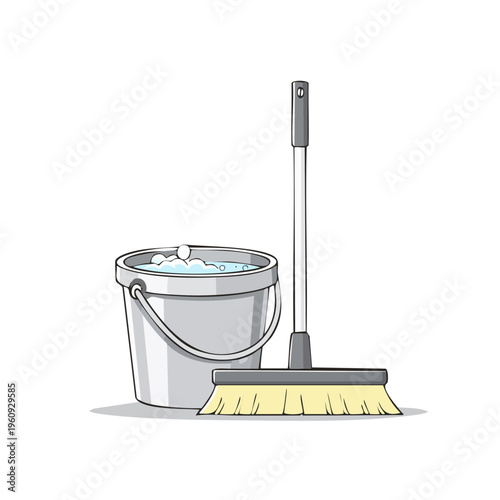 Illustration of a cleaning bucket filled with soapy water next to a mop with a yellow head