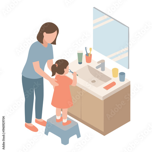Woman helps a little girl brush her teeth at the bathroom sink.