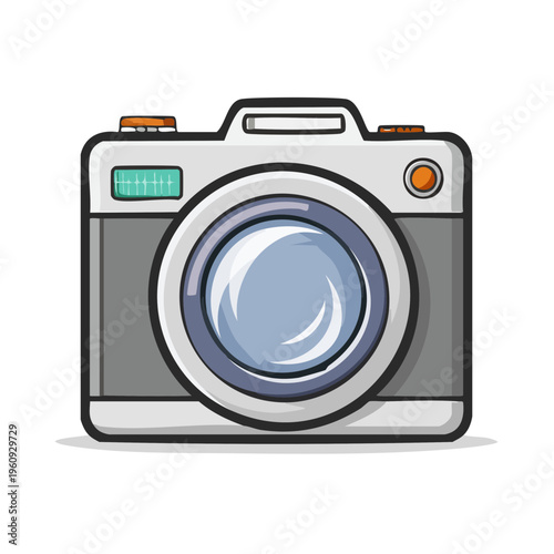Retro style digital camera with a large lens and flash window illustration