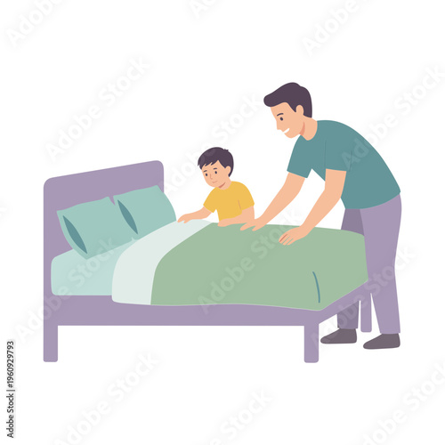 Father helps son make bed in bedroom at home daily