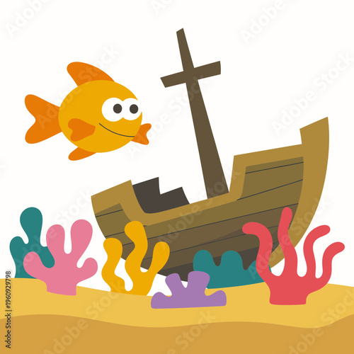 Cute cartoon orange fish swimming near a sunken wooden shipwreck surrounded by colorful coral reefs on the sandy ocean floor in a playful underwater vector illustration