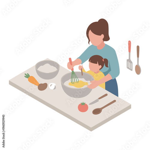 Woman and child cooking together in kitchen with ingredients on countertop