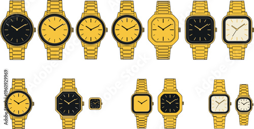 Luxury gold wristwatch collection set featuring various analog watch designs, elegant timepieces, and premium fashion accessories in detailed vector illustration style