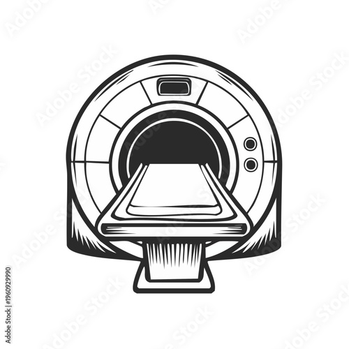Stylized illustration of a medical MRI scanner machine with open gantry and patient table