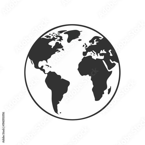 Stylized Earth globe icon graphic depiction of continents and oceans in black and white