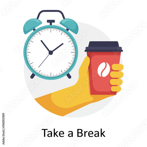Morning Routine Coffee To Go with Alarm Clock Wake Up Concept Flat Vector Illustration