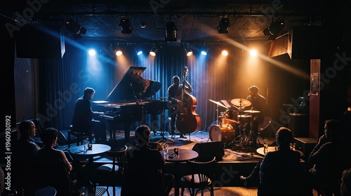 Jazz trio performing music on stage in a dark club. Men playing piano, double bass and drums for an audience. Live concert atmosphere with spotlights and night entertainment event in a pub venue