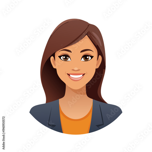 Professional cartoon woman with brown hair wearing a blazer and orange top smiles