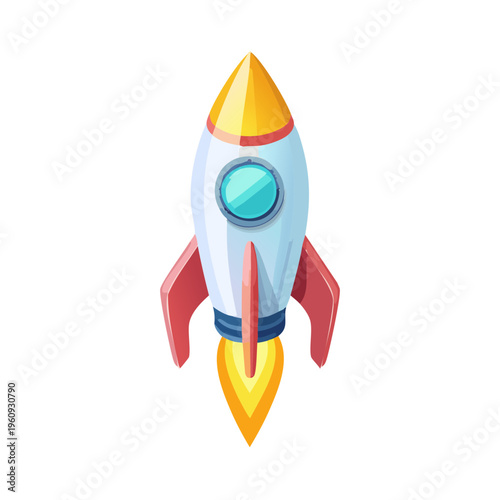 Whimsical cartoon rocket ship ascending with bright yellow fire exhaust and a round blue window