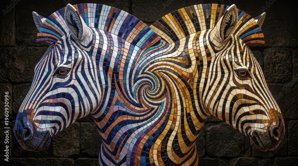 Obraz premium Artistic Mosaic of Two Zebras Zebra Mosaic Animal Colorful Design Nature Wildlife. Concept featuring zebra, mosaic, animal, colorful, design for professional commercial design.