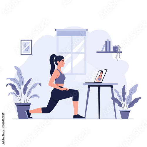 Woman Home Workout Lunge Exercise Fitness Training Online Coaching Flat Vector Illustration