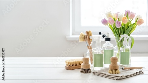 Spring cleaning equipment with bouquet of tulip flowers on white table. Eco friendly household tools and detergent spray for home maintenance. Seasonal lifestyle concept with copy space for banner