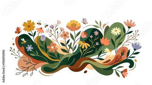 Abstract floral background with blooming flowers, leaves, and insects in a whimsical garden setting
