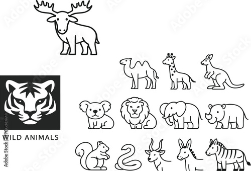 Cute vector animal icon set featuring cats, dogs, lions, bears, elephants and other animals in a simple black silhouette style collection