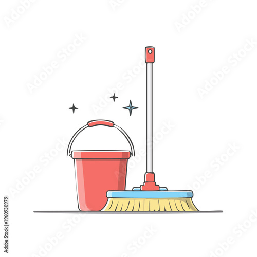 Red Bucket and Mop for Household Cleaning Tasks