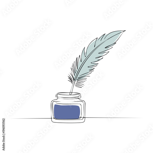 Minimalist single line drawing of a quill pen in an inkwell with blue ink