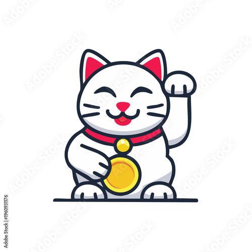 Lucky Cat mascot with raised paw and gold coin brings good fortune and prosperity