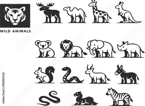 Cute vector animal icon set featuring cats, dogs, lions, bears, elephants and other animals in a simple black silhouette style collection
