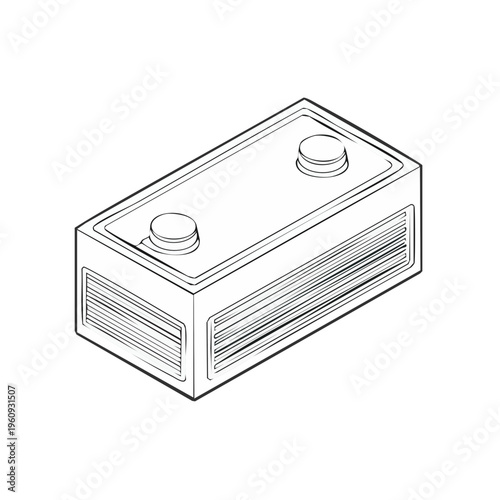 Isometric drawing of a rectangular battery with two terminals on top and vent slits on sides