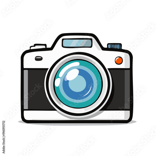 Stylized modern camera with a prominent blue lens and orange flash button illustration