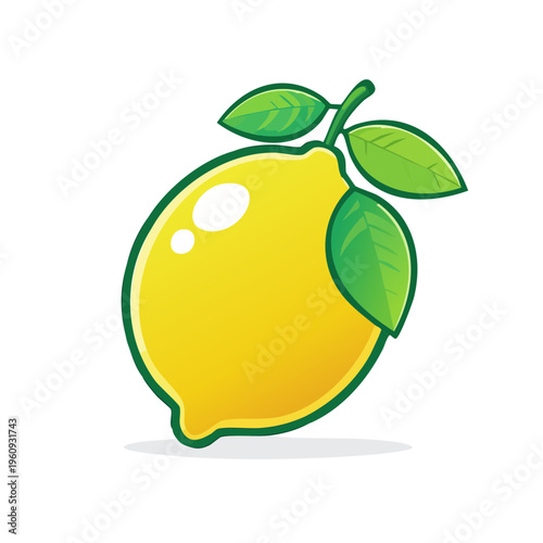 Vibrant yellow lemon with green leaves and a natural stem graphic illustration