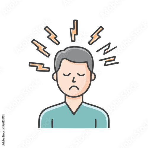 Man with stressed facial expression and lightning bolts emanating from head showing pain or headache