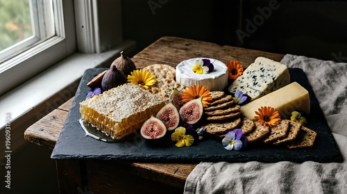 Artisan spring cheese board with honey comb, fresh figs and edible flower decoration. Delicious gourmet appetizer platter on rustic wooden table. Healthy snack table setting for holiday entertaining