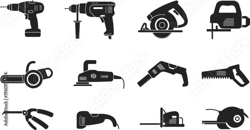 Collection of black and white power tools including drills, saws, and sanders arranged in a grid pattern