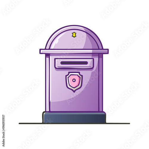 Stylized purple mailbox with a shield emblem and star detail, cartoon art