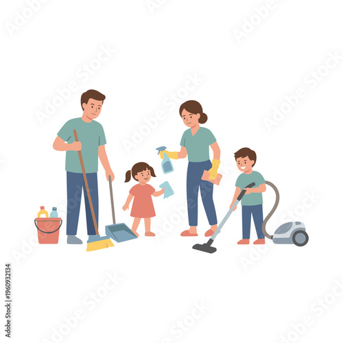 Family cleaning together at home with broom and vacuum.