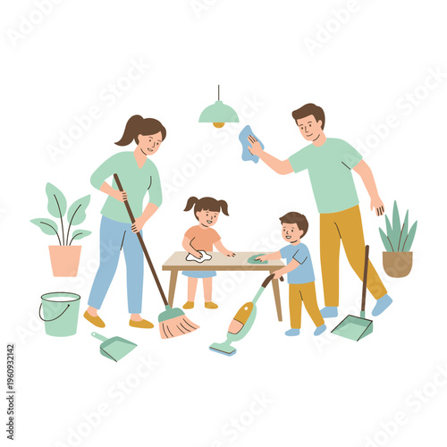 Family cleaning together at home with tools and plants around